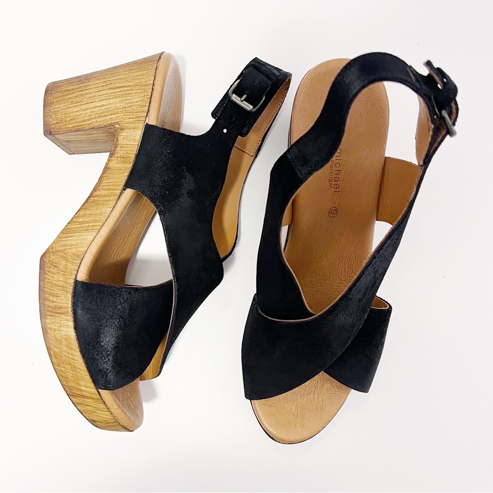 NIB Eric Michael Boston Platform Heeled Sandal, Suede Straps, Black/Brown, Sz 40